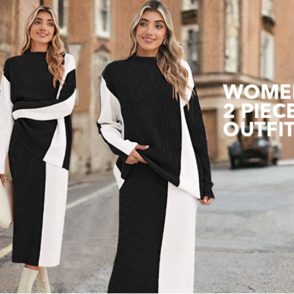 Sweater + Skirt Set Oversized, Black and White, Two-Piece Outfit
